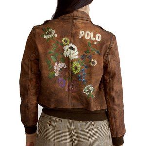Polo Ralph Lauren Distressed Painted Leather Bomber Jacket Size 4
